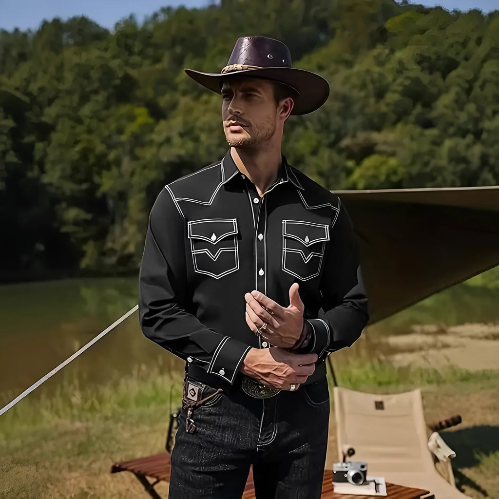 Men's western cowboy casual oxford long sleeve cardigan shirt in polyester, black colour, front view