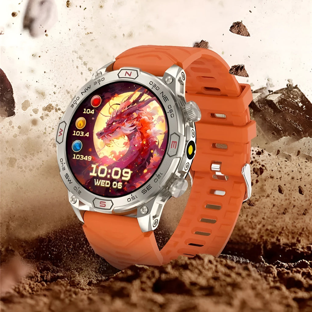 Sports smart watch with AMOLED screen on a black silicone strap, showing fitness data.