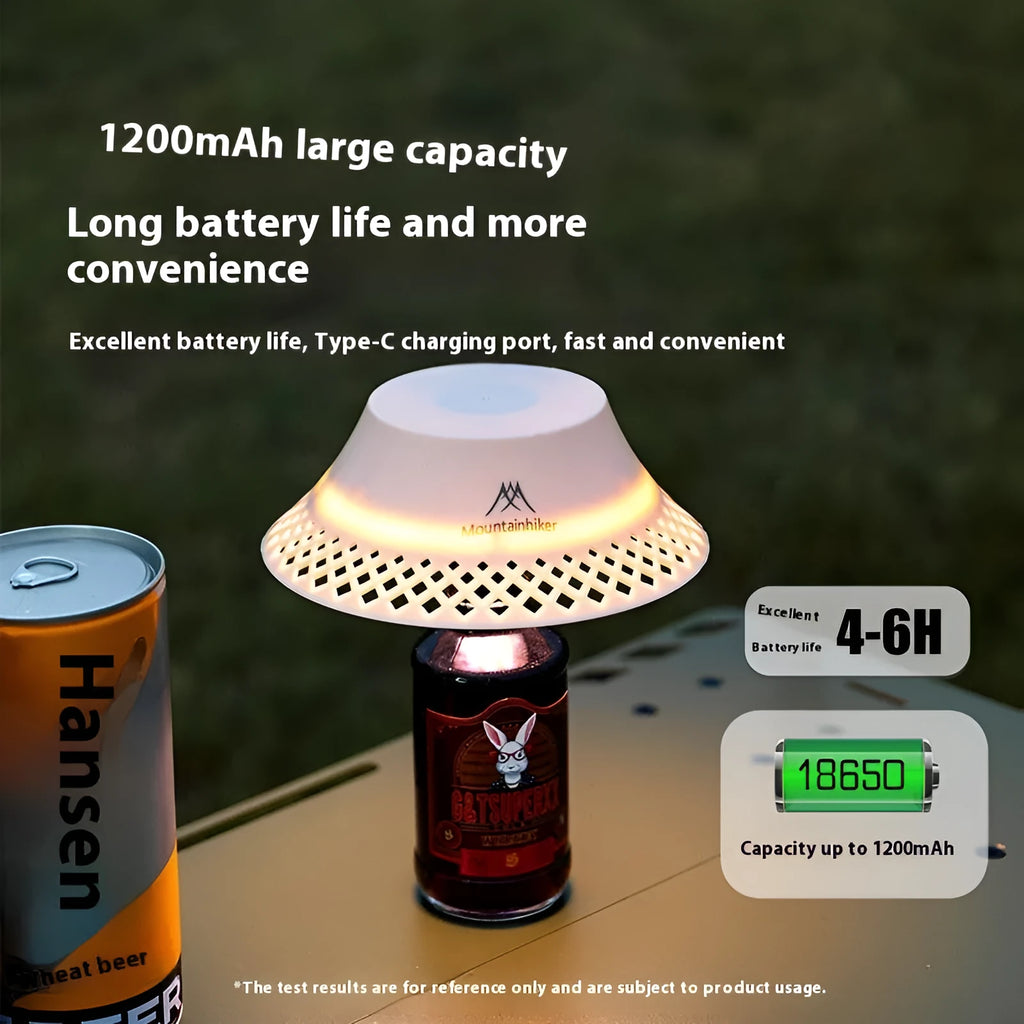 Beige wine bottle shaped camping lantern with LED lights and USB-C charging port