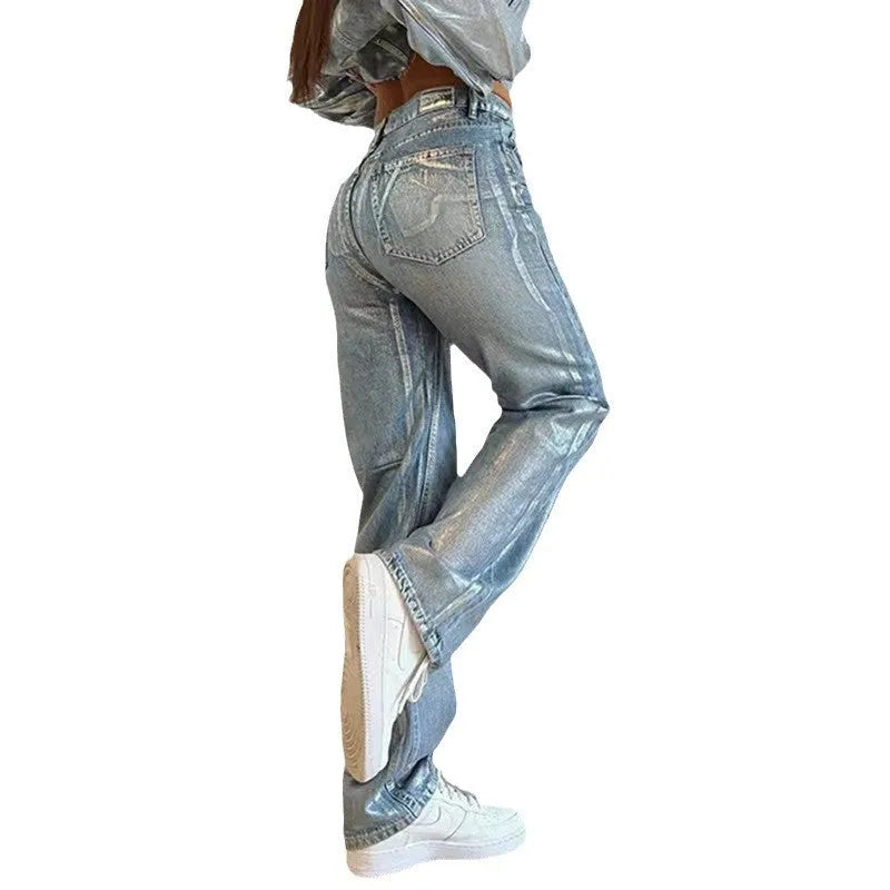 High-waist straight leg denim jeans in blue with street hipster styling and contrast colour details