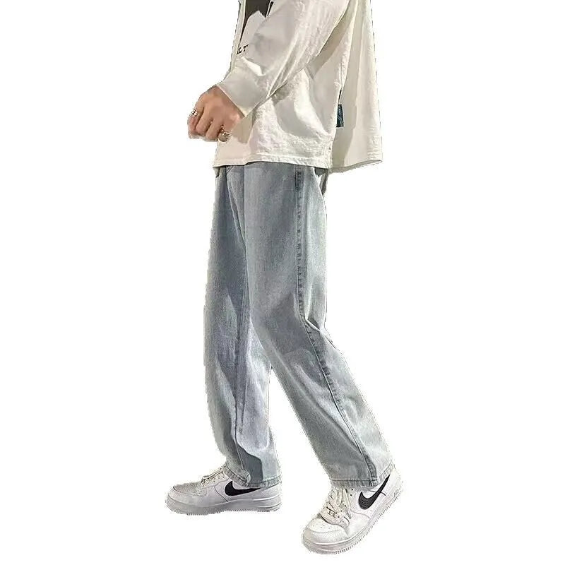 Men's smoke gray loose wide-leg straight jeans with drawstring waist, front view