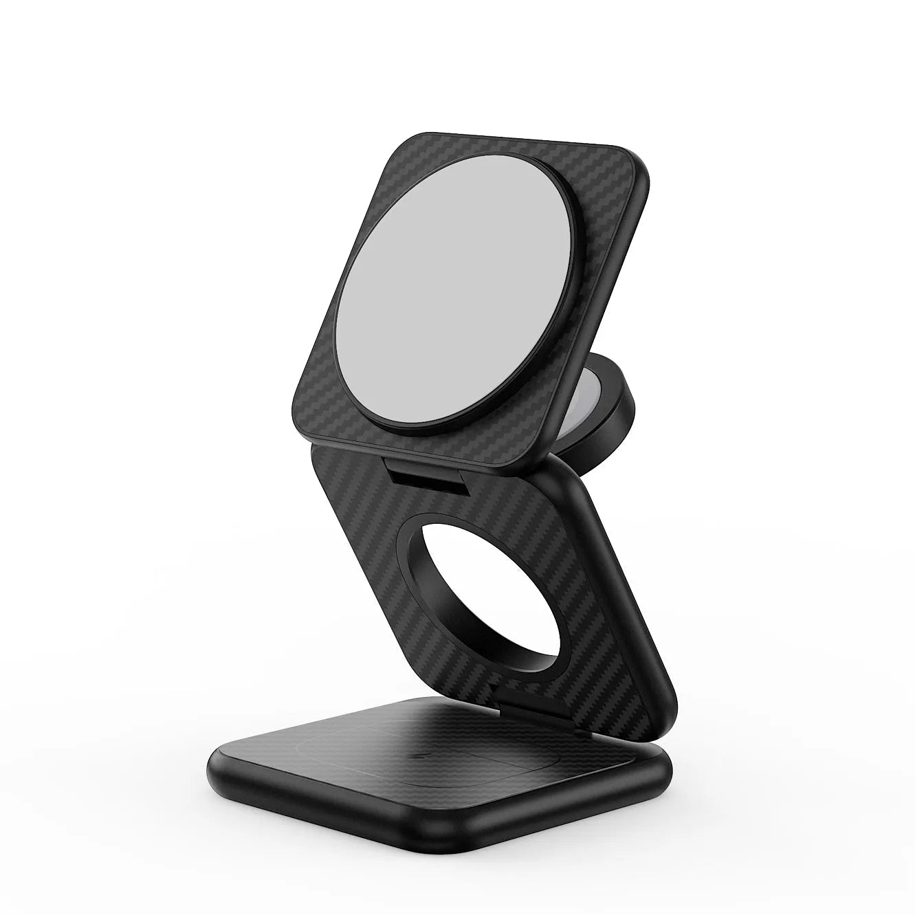 Three-in-one folding magnetic wireless charger for mobile watch headset in black aluminium alloy finish