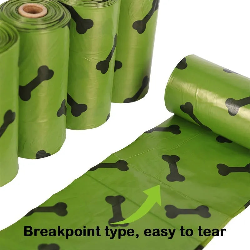 Military green degradable dog poop bags with black bone pattern measuring 23x33cm