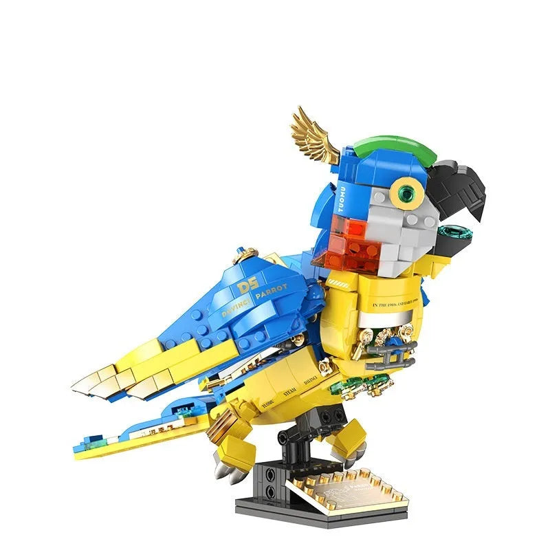 Steampunk macaw building block model in colour box packaging, 27cm size