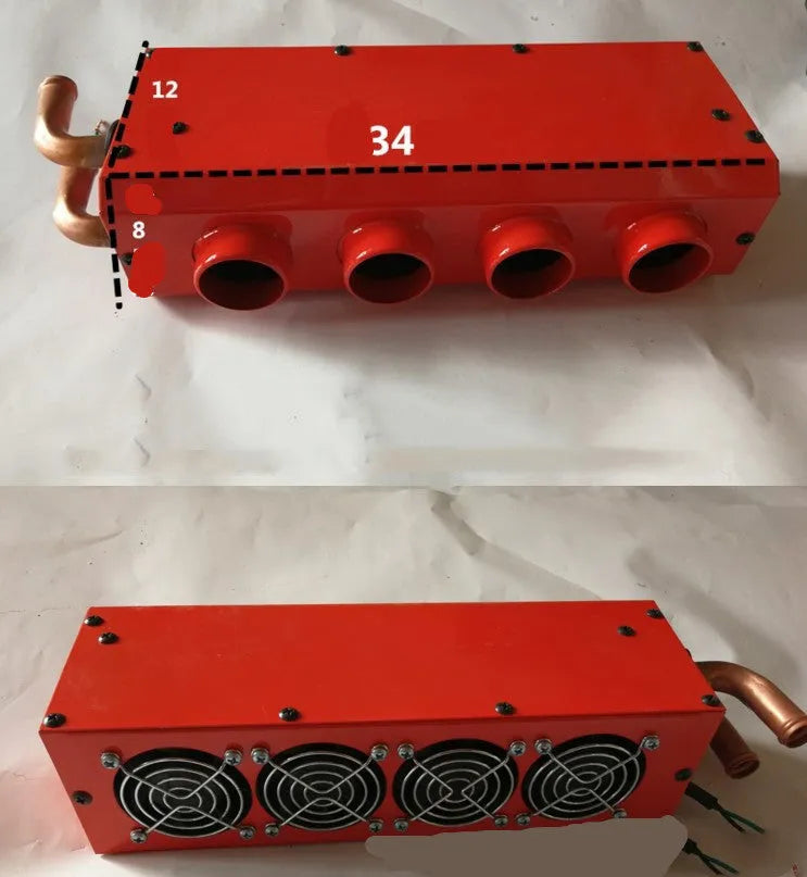 Compact metal car auxiliary heater with copper pipe connections for 12V and 24V vehicle systems.