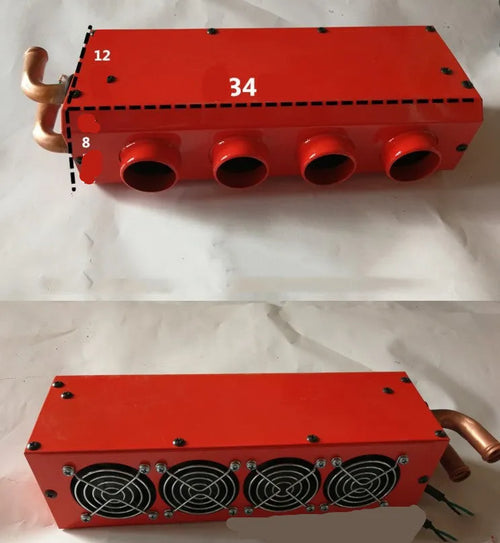 Compact metal car auxiliary heater with copper pipe connections for 12V and 24V vehicle systems.