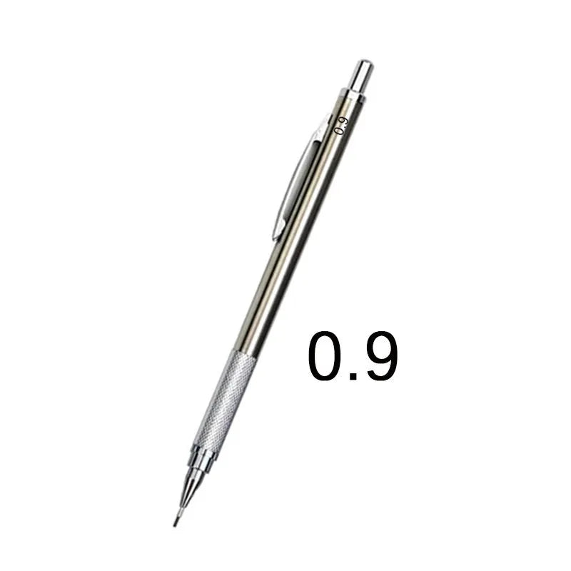 A metal mechanical pencil for drafting and writing with multiple lead size options.
