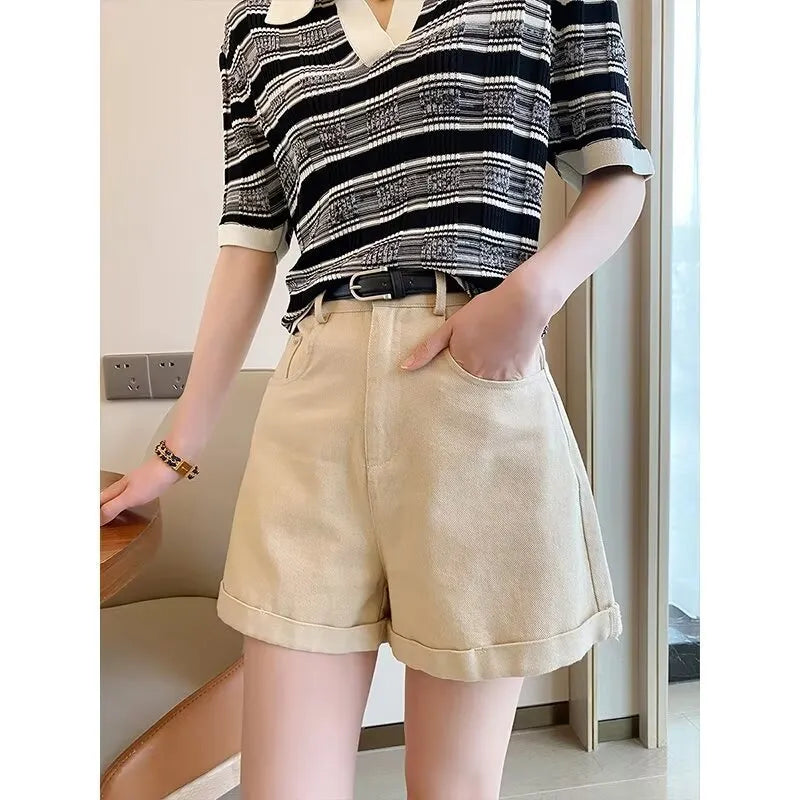 Hong Kong style denim shorts for women high waist loose fit cotton black color