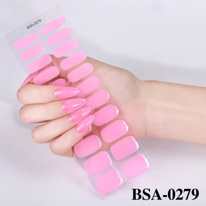 No-bake gel nail sticker set with alcohol swabs, nail file, and wooden stick on cardboard backing, showing various patterns