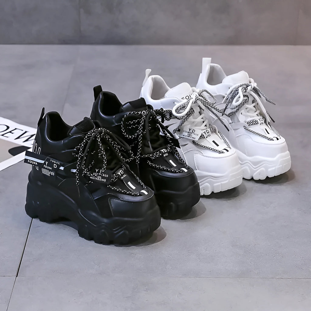 Women's white mesh platform sports shoes with cross strap and 6-8cm heel