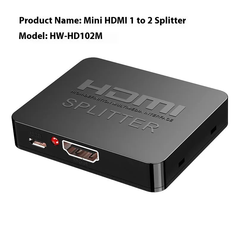 HDMI splitter device distributing 4K video to two displays with multiple power interface options