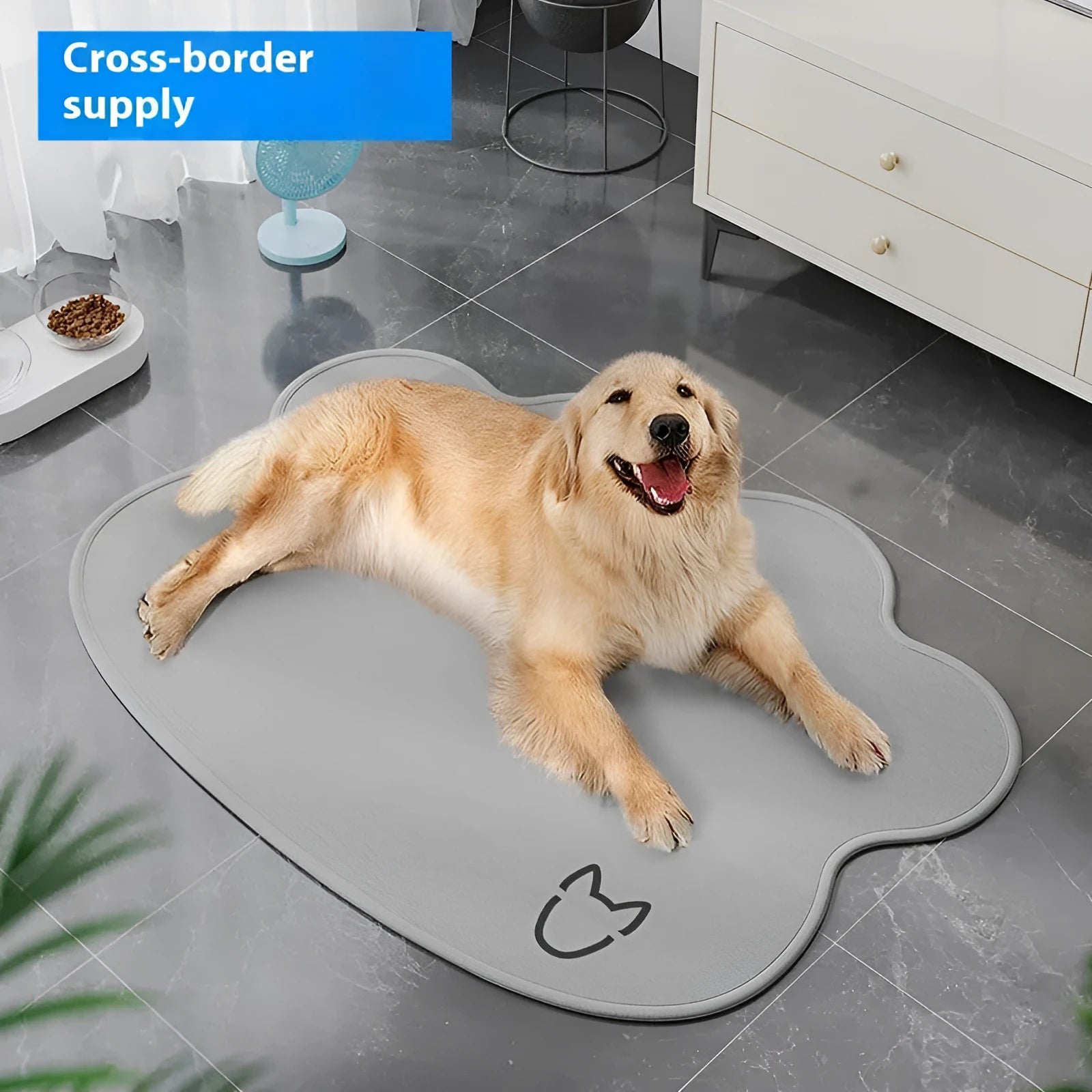Dog cooling ice mat with simple dog head pattern in light grey colour showing non-slip underside