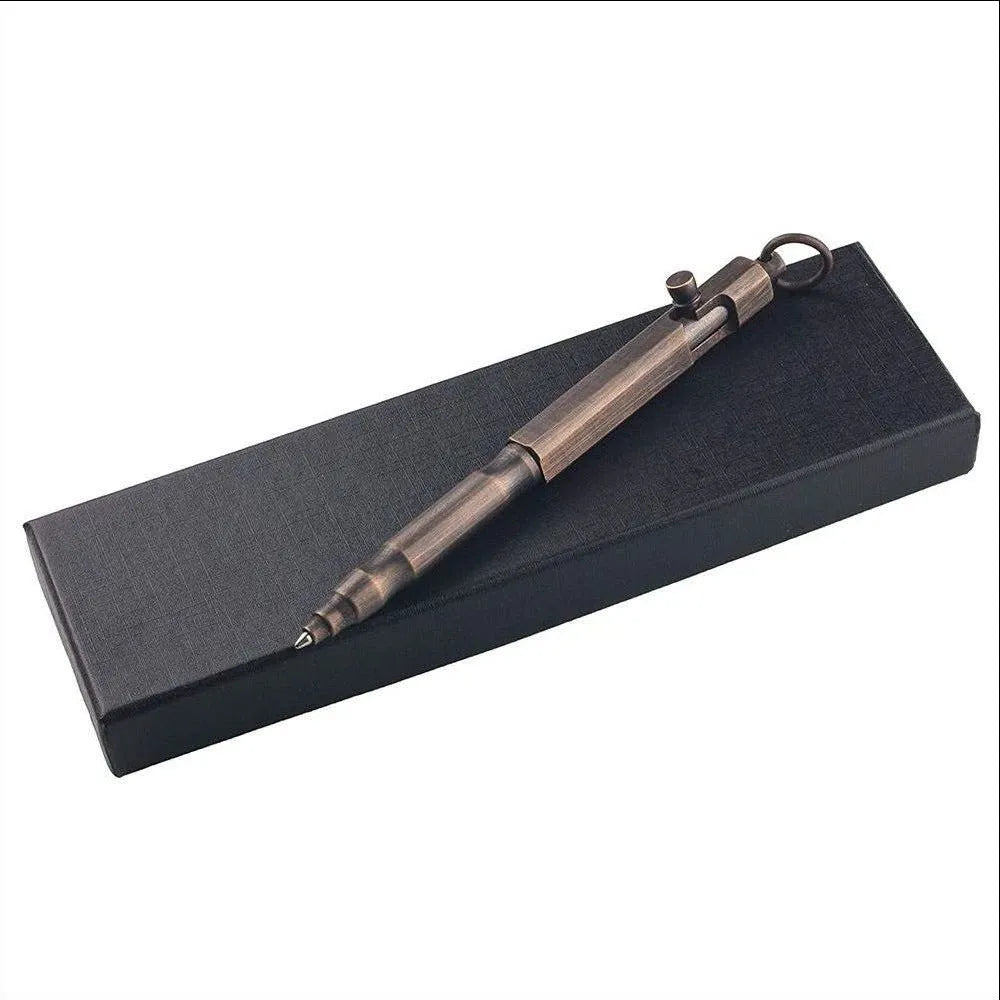 Brass hexagonal bolt tactical pen showing machined details and hexagonal design