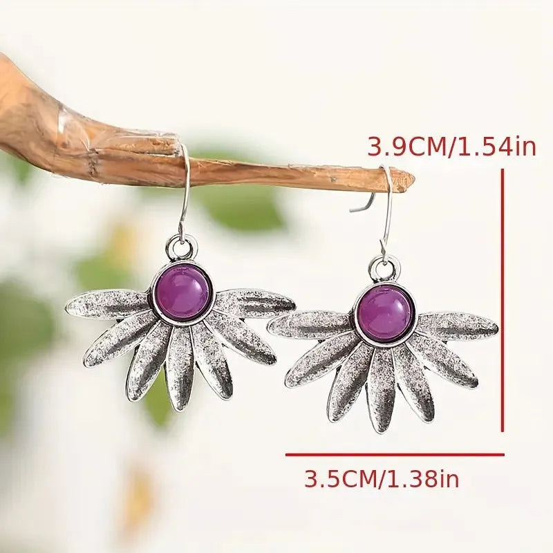 Purple resin gemstone Bohemian style floral earrings with detailed plant and flower modelling on alloy base