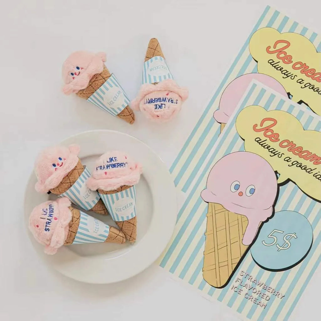 Fleece squeaky ice cream toy for dogs and cats in lake blue on a light background
