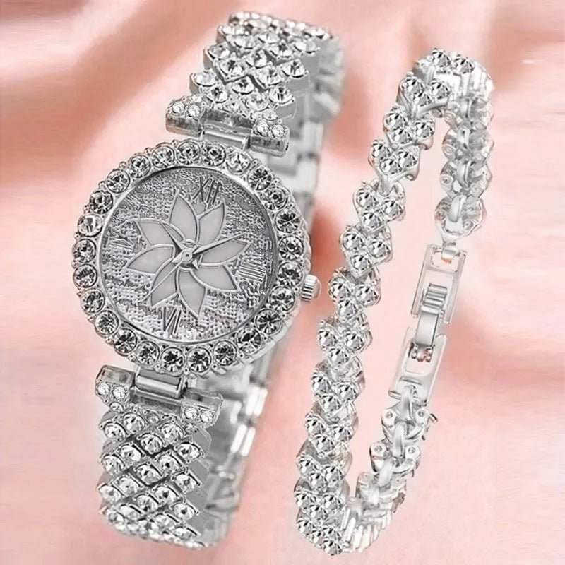 Diamond-embedded starry sky flower disk bracelet watch set for women rose gold 7mm quartz