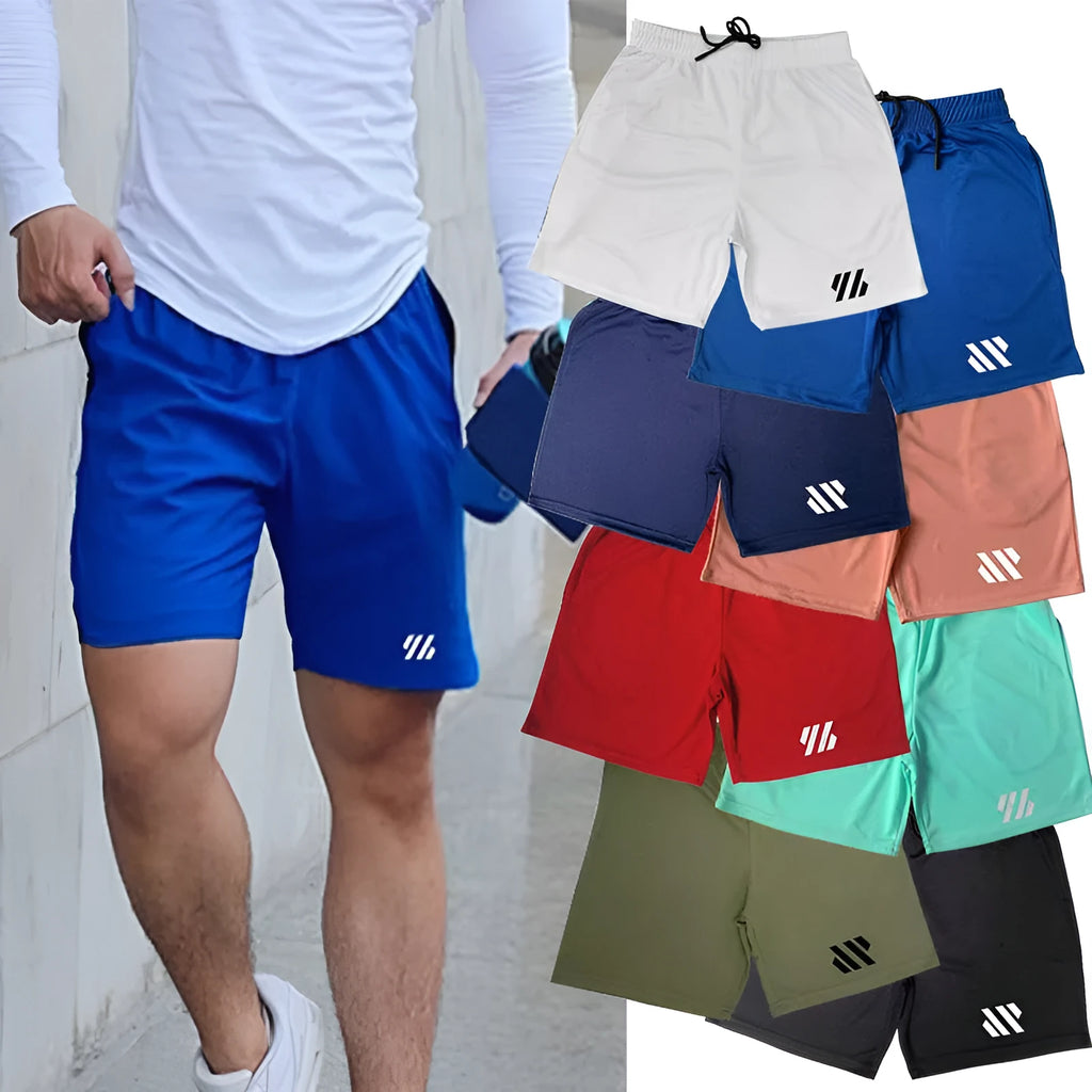 Metal silk fabric sports shorts in loose fit, shown in multiple colours including army green and sapphire blue.