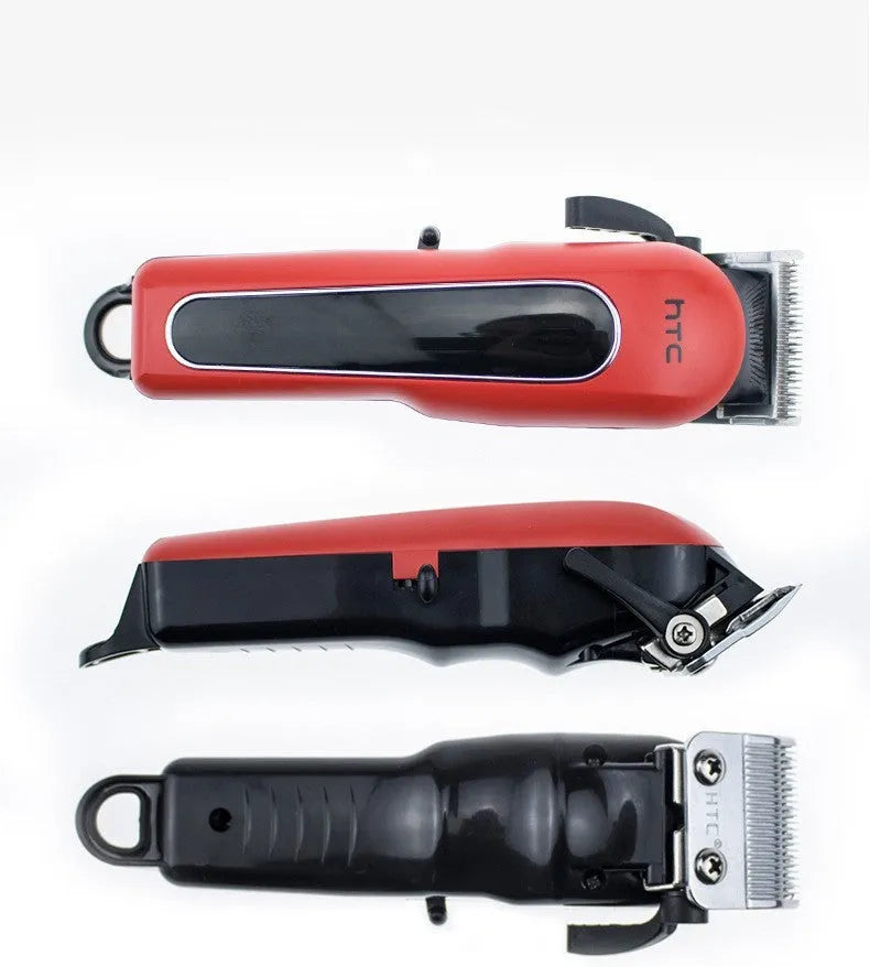 A black wireless hair clipper with four plastic limiting combs placed on a white background.