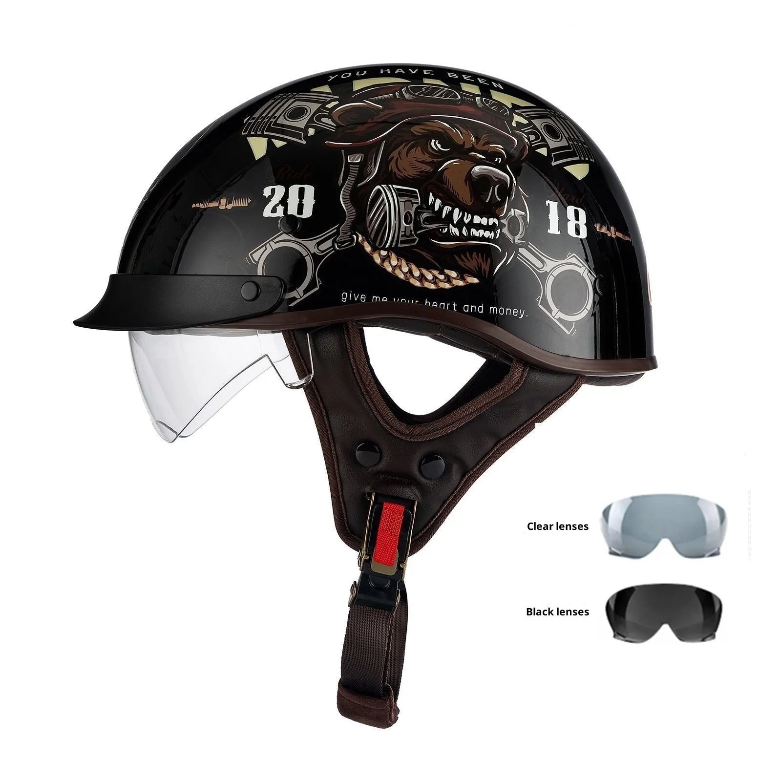 Retro electric motorcycle helmet in bright black with whiskers design on side and front vents