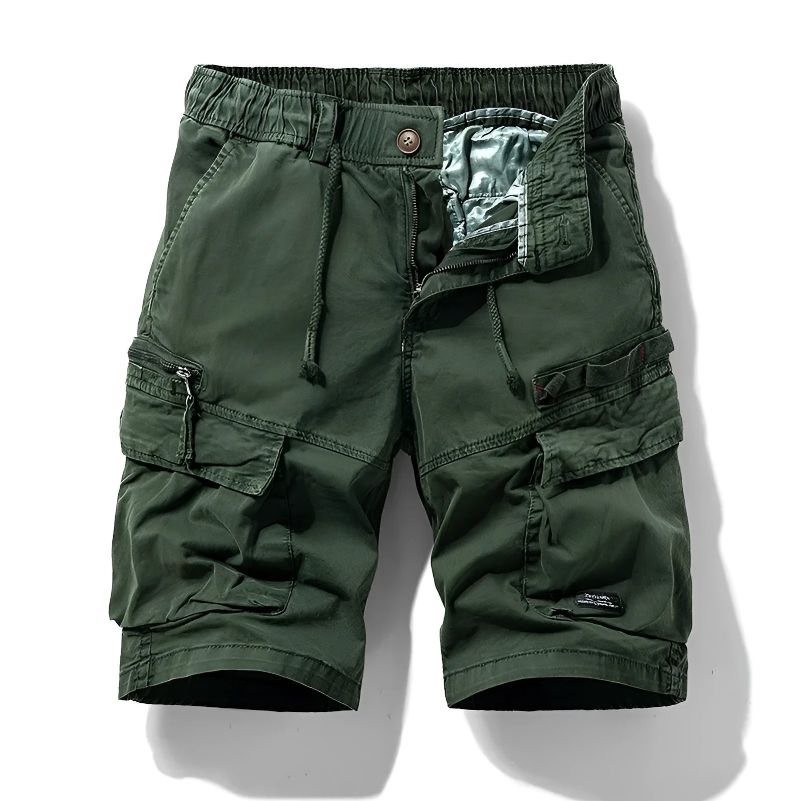 Men's cotton shorts with multiple pockets and zipper in army green colour