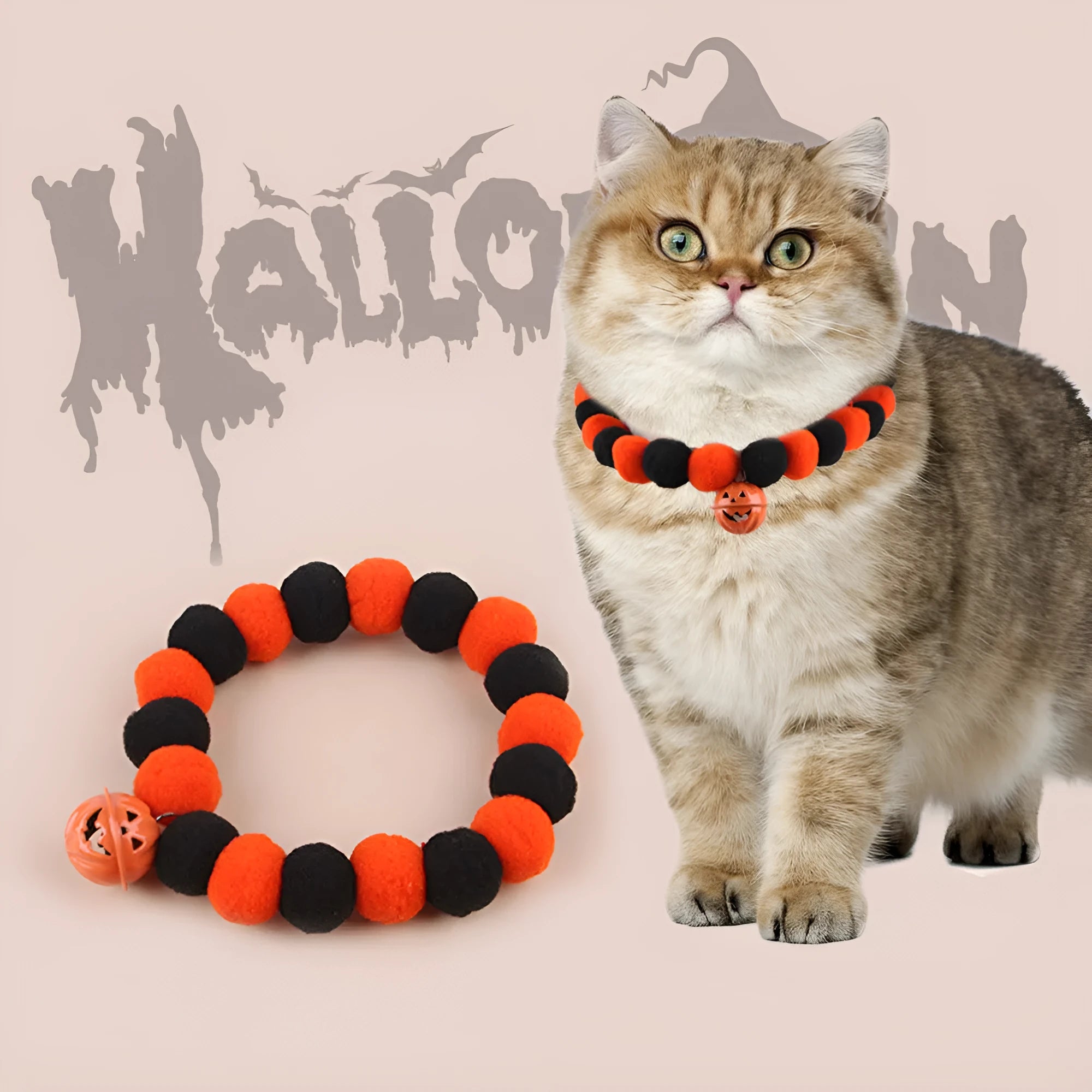 Halloween pet collar with pumpkin design and reflective elements for dogs and cats