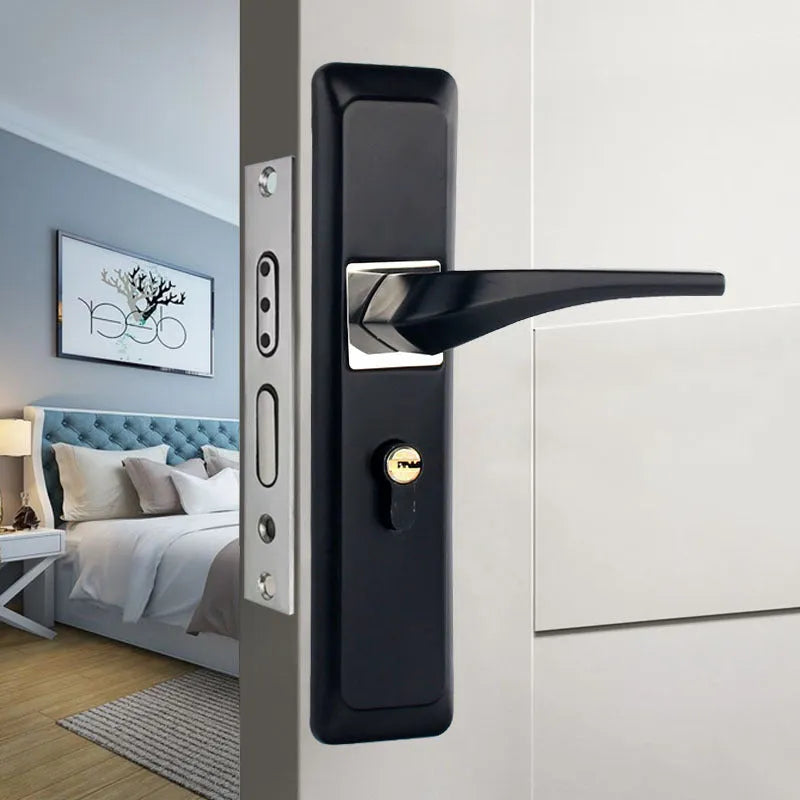 Aluminium split magnetic door lock handle for timber doors in black and silver finish.