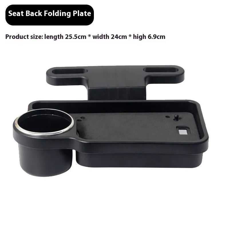 Black foldable ABS plastic tray positioned on a car steering wheel, shown with a laptop and foldable cup holder.