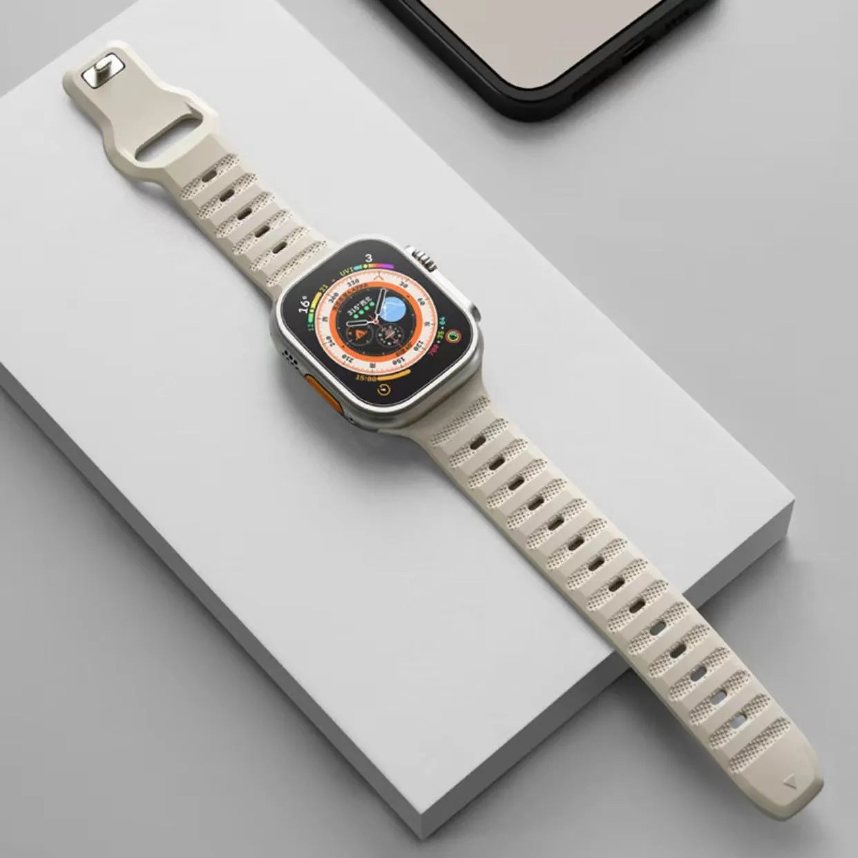 Fluoro rubber watch strap for Apple Watch Ultra and Series 8 to 1 in various colours with T-buckle.