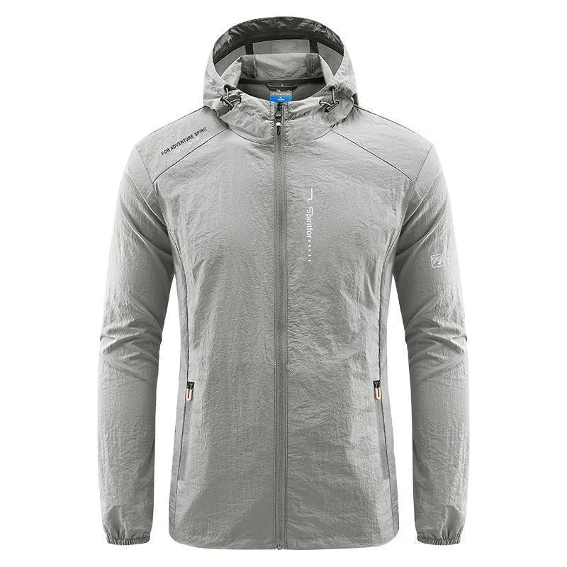 Men's hooded summer jacket in thin nylon fabric, loose fit, available in light grey, dark grey, black, dark blue, and denim blue