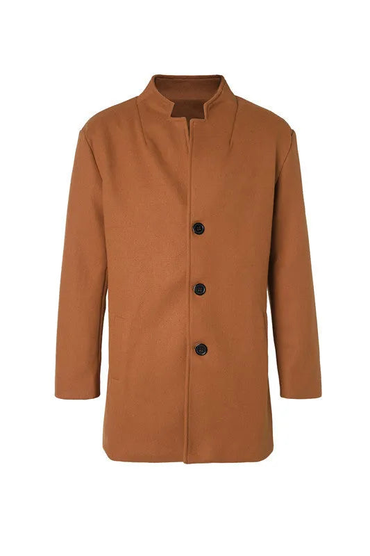 Khaki solid-colour form-fitting woolen coat for men autumn wear