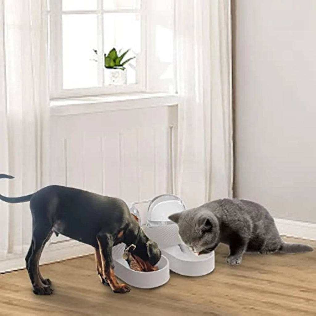 White automatic cat feeder and water dispenser set with wave-shaped design.