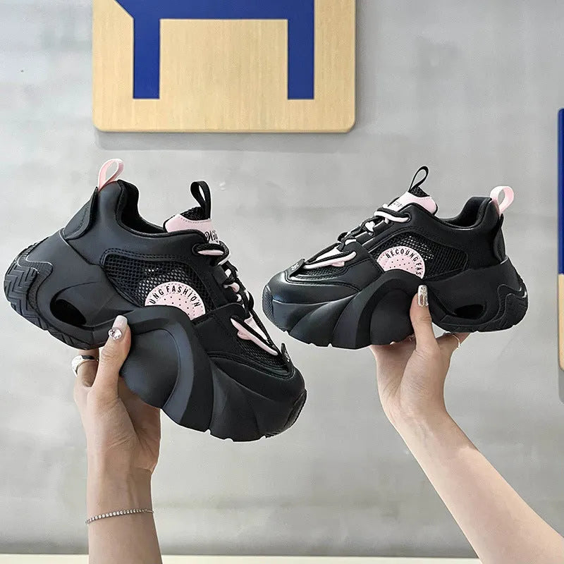 Women's pink sneakers with cross shoulder straps and thick sole design