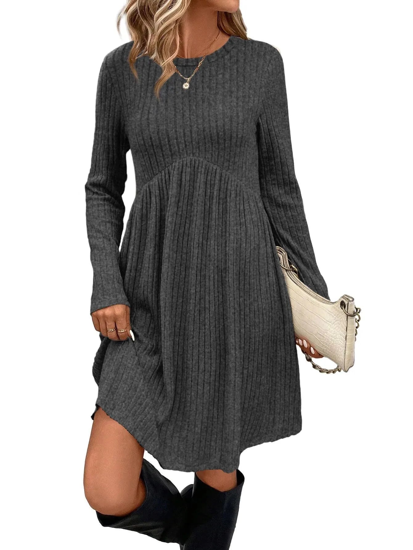 Women's bohemian brushed sunken stripe midi dress in apricot, wide waist, solid colour stitching detail, front view