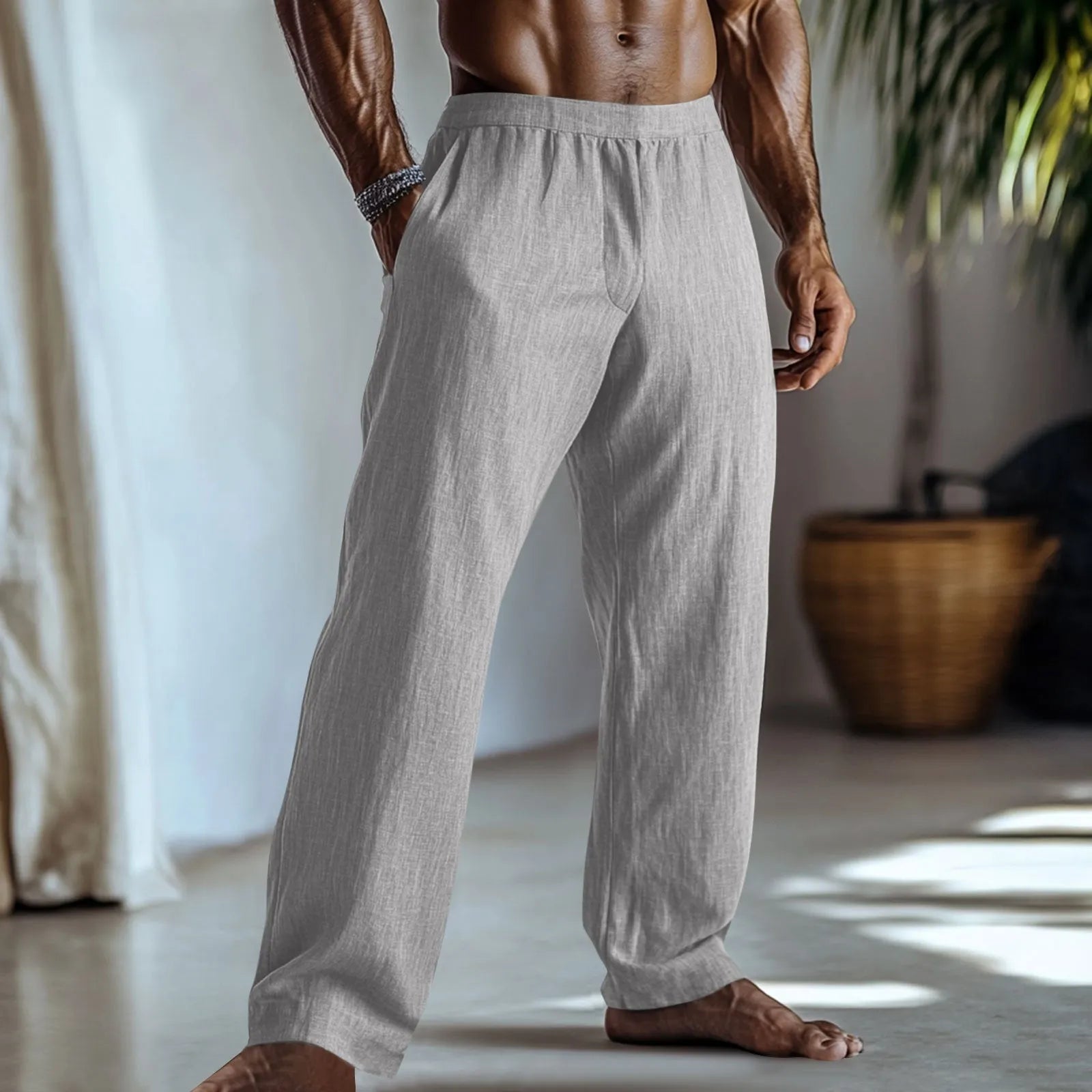 Cotton and linen straight leg trousers in British casual style with front pockets