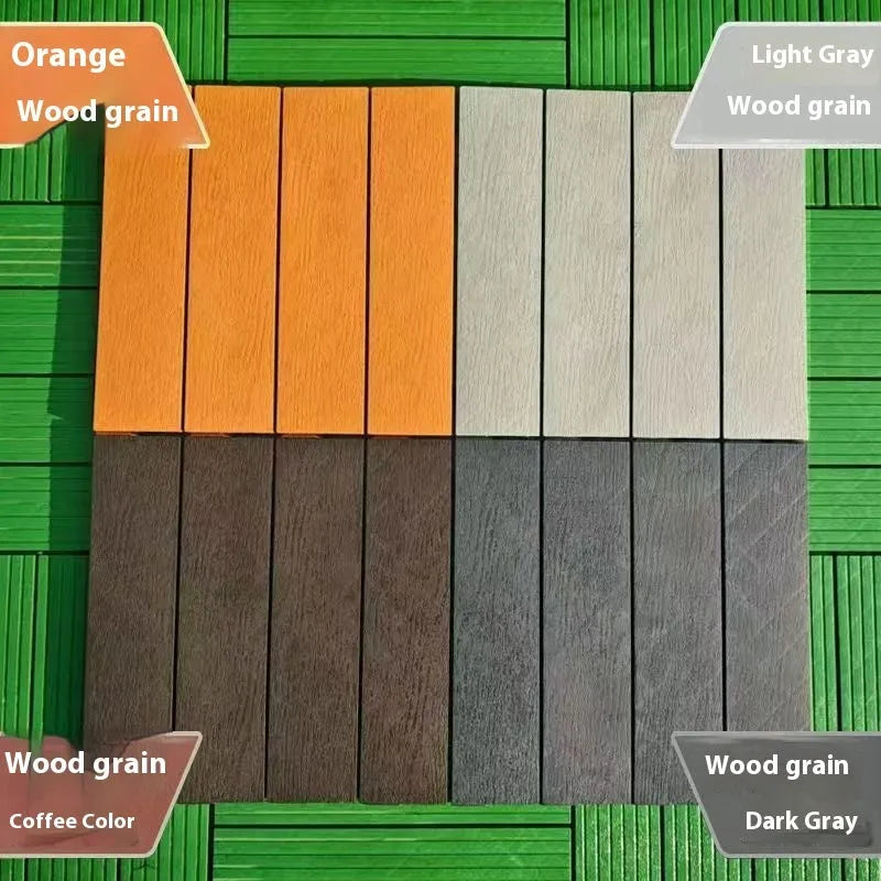 Wood grain plastic floor tiles showing splicing design and non-slip surface texture