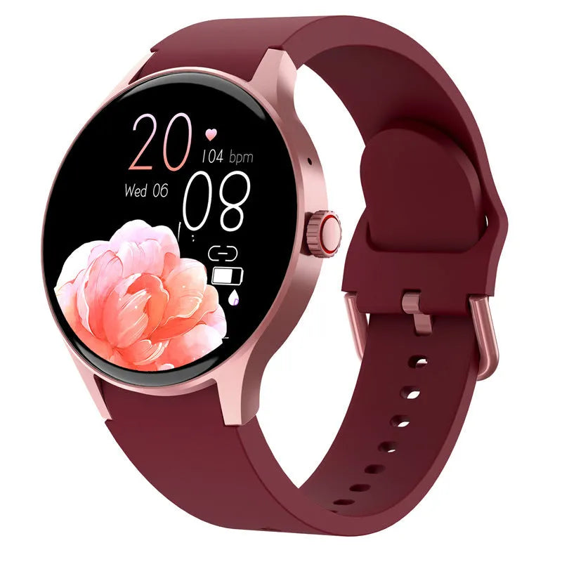 Smart Bluetooth sport watch with circular touchscreen display showing fitness metrics on wrist