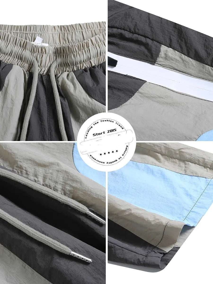Blue patchwork men's beach shorts with elastic waist and straight-leg design for outdoor sports