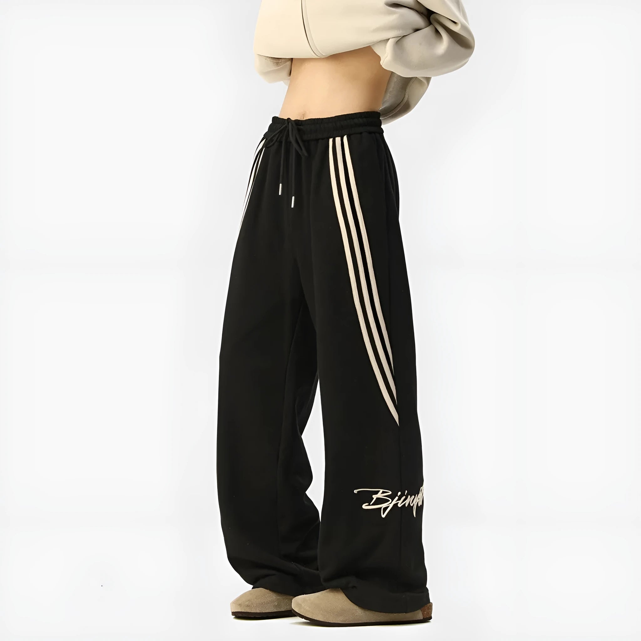 Trendy Brand striped men's loose straight-leg casual pants in Navy Blue, polyester stretch fabric, wrinkle-free finish
