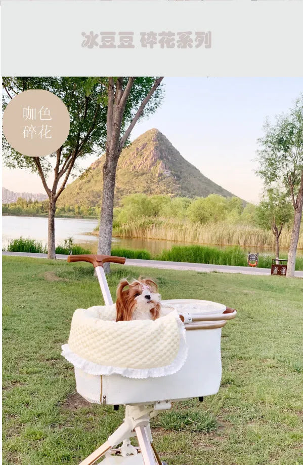 Pet stroller three-piece set showing removable cotton towel, cushion and pillow for cats and dogs