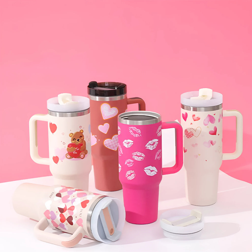 40 oz stainless steel insulated tumbler with handle and straw in multiple colours
