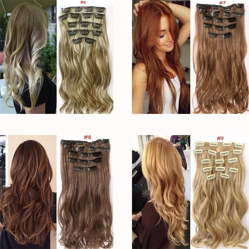 Synthetic clip-in straight hair extension set 55-60cm with metal clips and silicone backing in multiple colour options