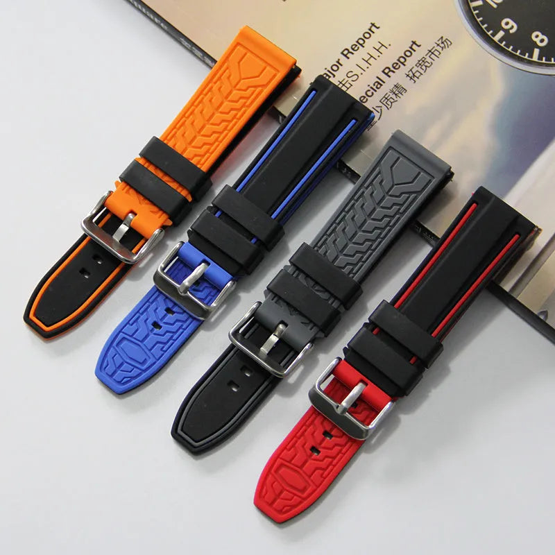 Sweat resistant dual colour silicone watch strap in black blue with needle buckle, matte finish, 20mm width