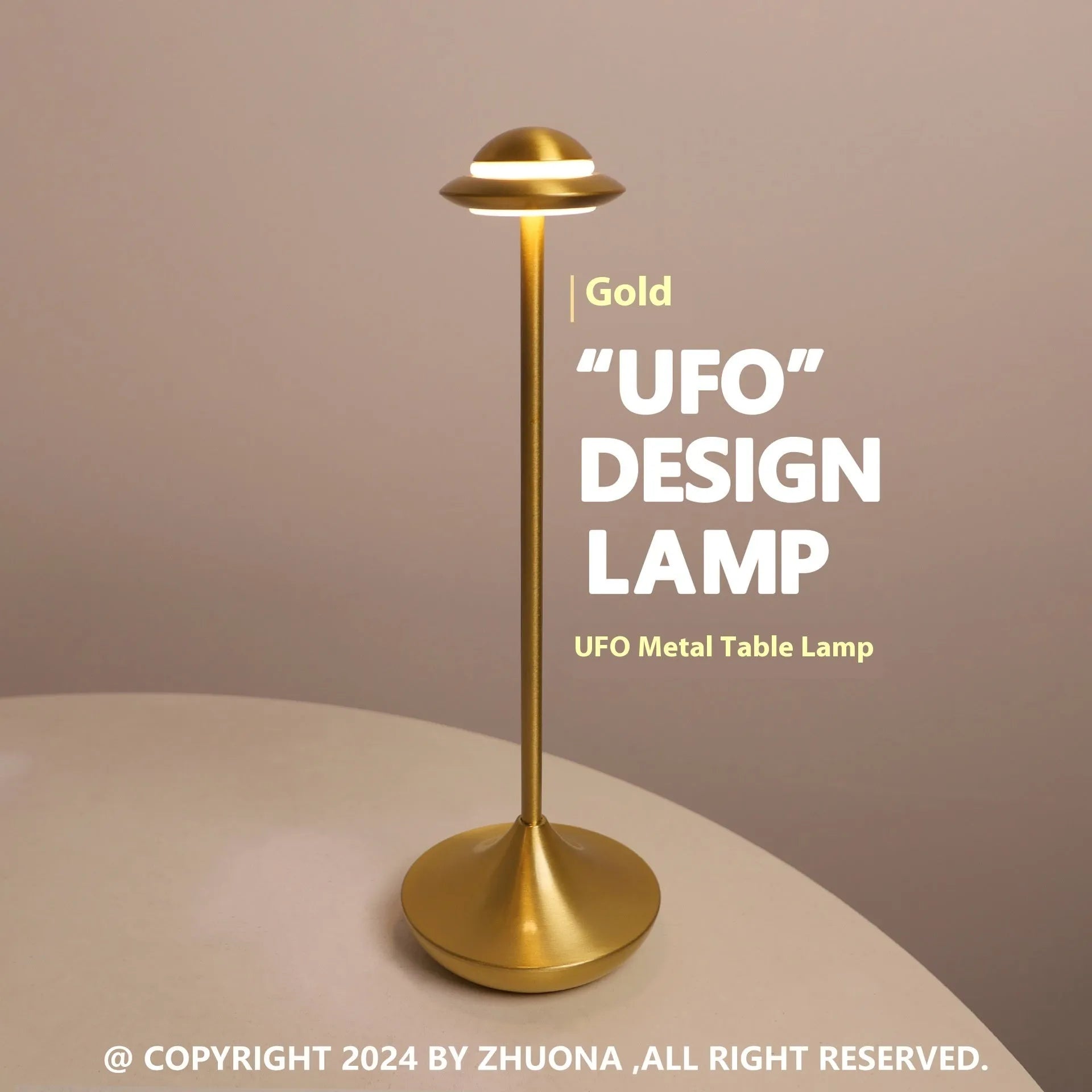 Modern UFO-shaped metal table lamp in black, gold, or grey with touch dimming controls.