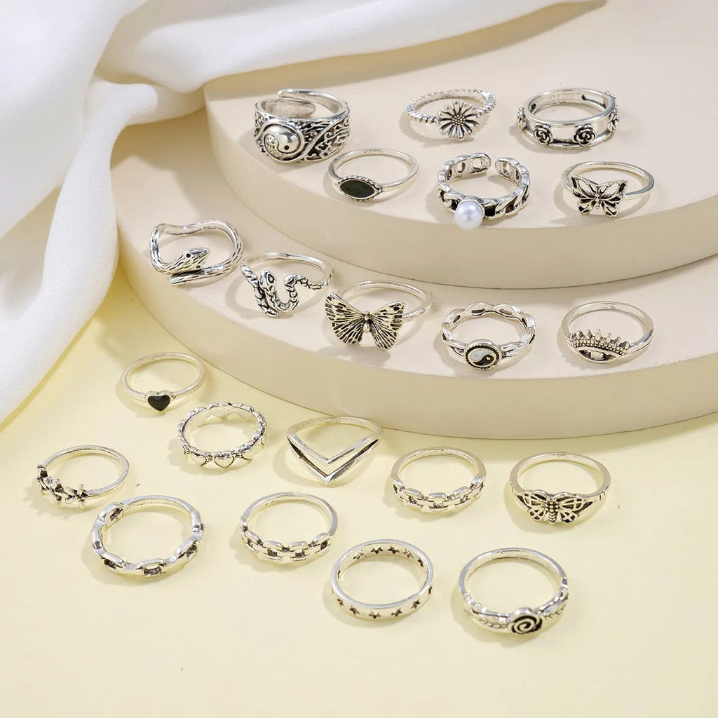 Alloy women's ring set butterfly love motifs silver tone floral geometric shape