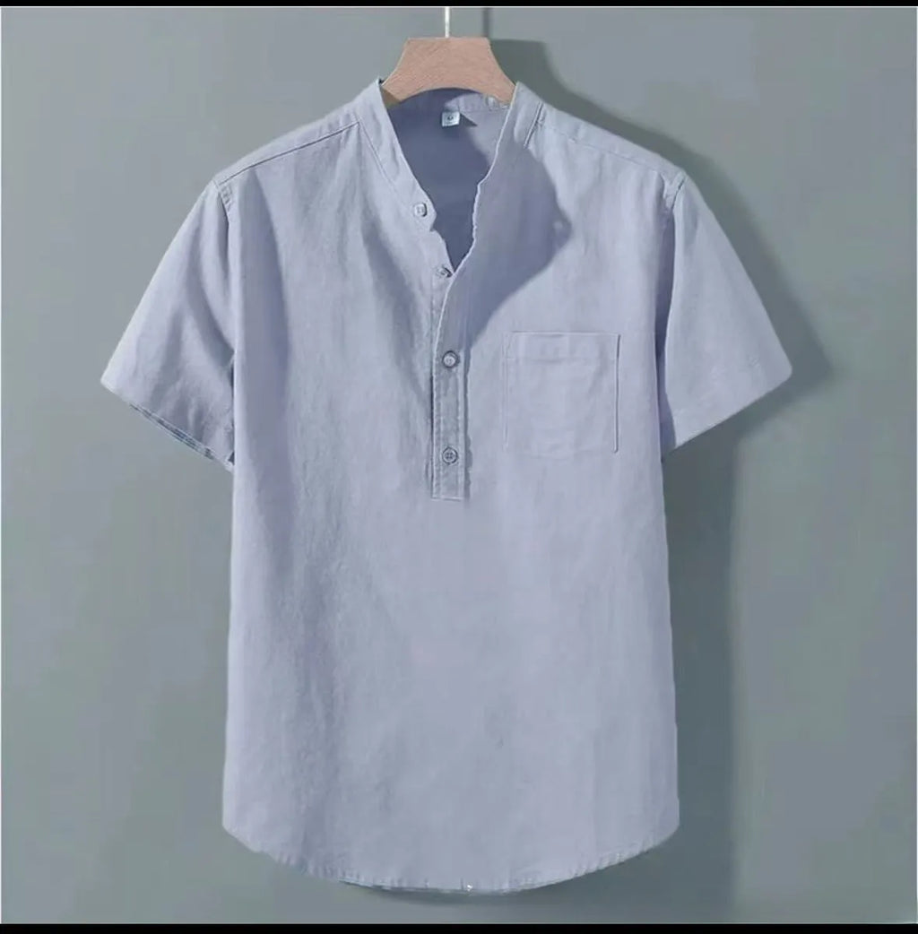Men's beige linen casual shirt with stand collar and short sleeves in loose fit