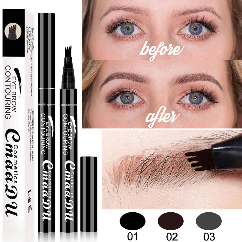 CmaaDu 4-Head Eyebrow Pencil in three shades black brown grey with four-point tip for precise brow application