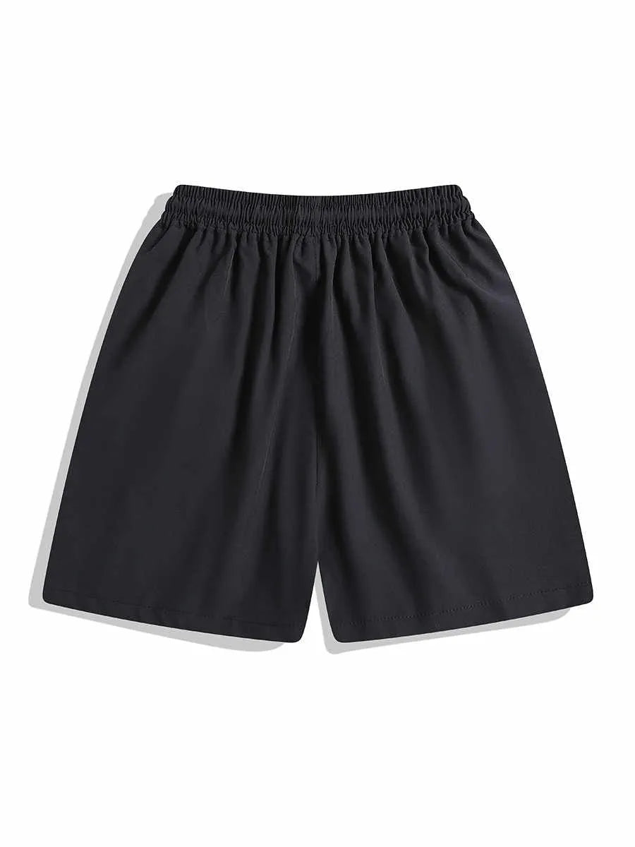 Quick-drying black sports shorts with elastic waistband and straight-leg loose fit for training