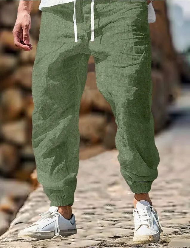 Men's straight-leg linen trousers with elastic waistband in seven summer colour options