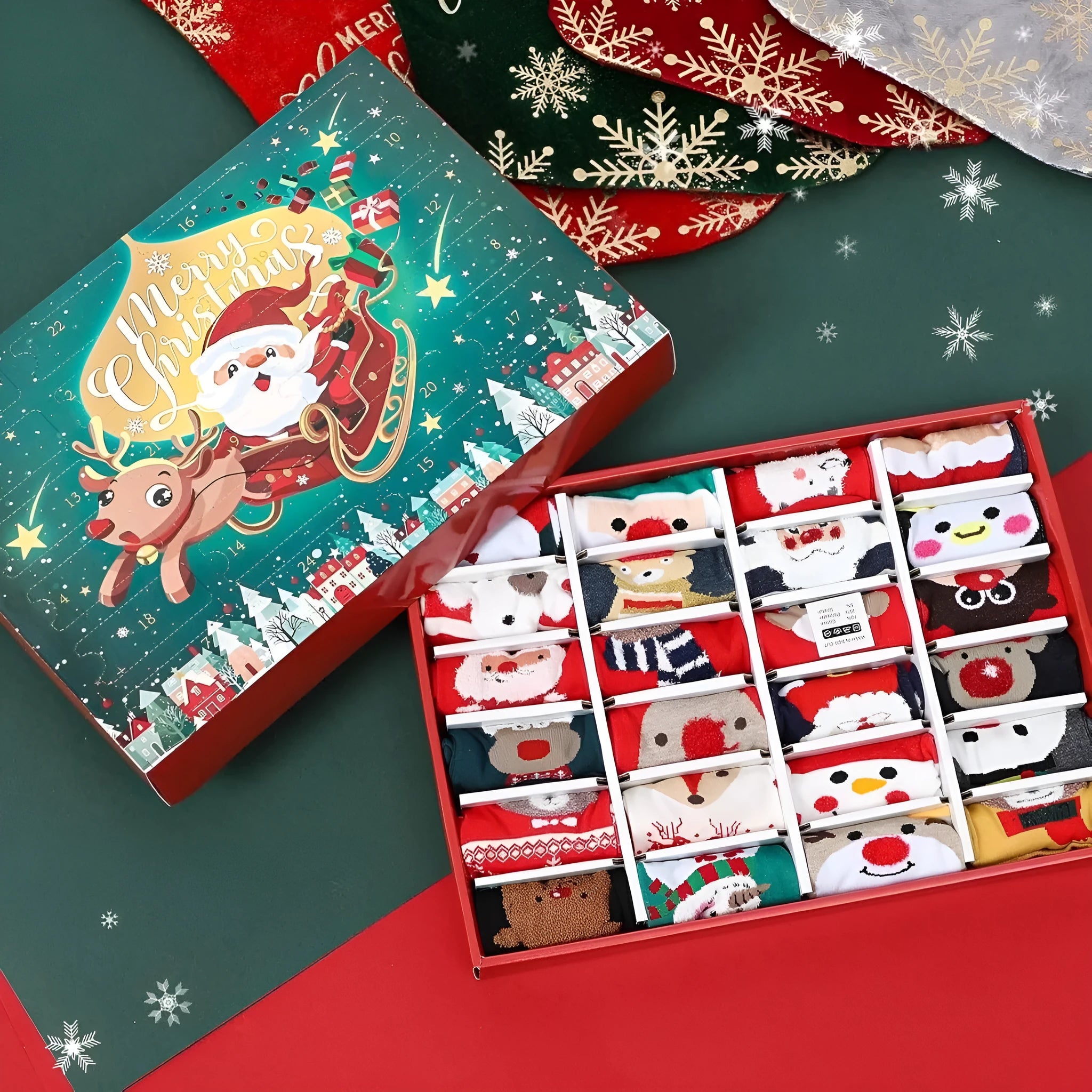 Christmas Socks Blind Box containing one mini resin or plastic stocking ornament from styles A-G.
