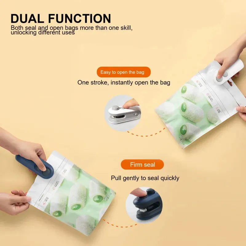 White and blue handheld USB rechargeable heat sealer for sealing food bags with magnetic back.